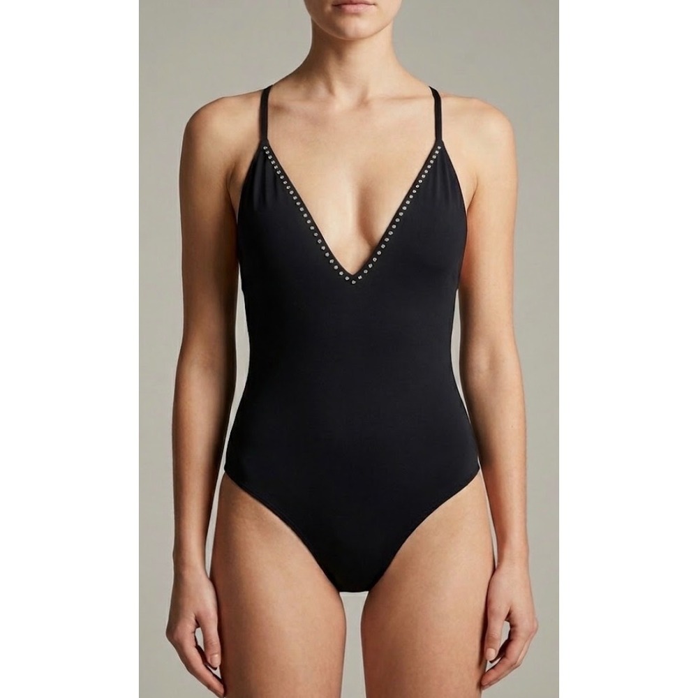 Aqua Swim Black Rhinestone Studded V-Neck One Piece Swimsuit XS NEW